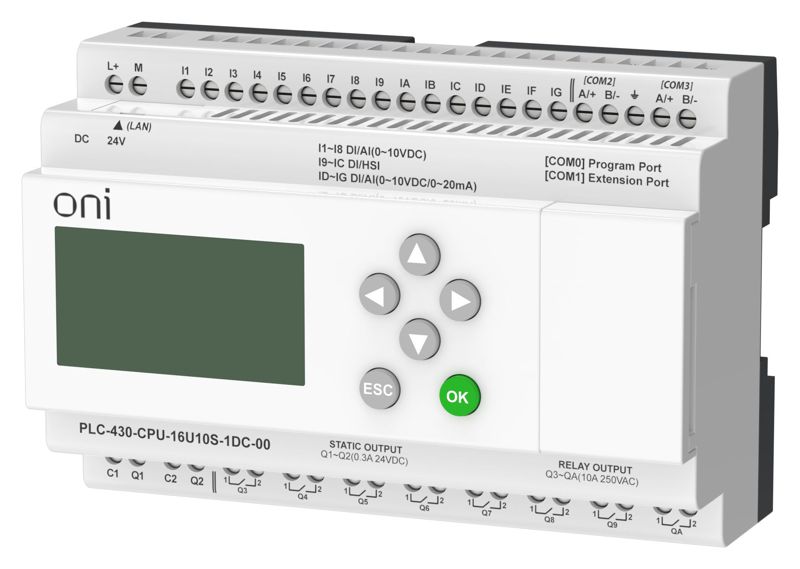  Модуль ЦПУ ПЛК 430 4 DI 12 UI (0-10В/DI) 8 RO 2 TO 24В DC с Ethernet портом с экраном ONI PLC-430-CPU-16U10S-1DC-00 фото в каталоге от BTSprom.by