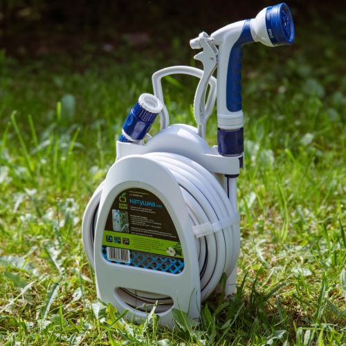  Катушка компактная с ручкой для переноса и хранения шланга + шланг 9.5мм (3/8)х10м с пистолетом-распылителем 7 реж. пластик. коннекторами (1/6) Green Apple Б0003110 фото в каталоге от BTSprom.by
