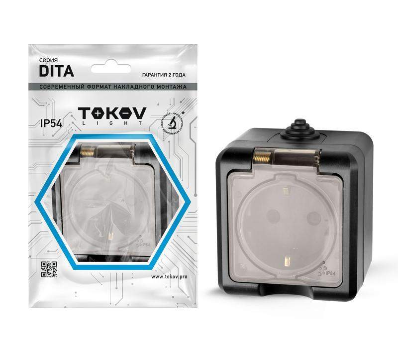 розетка 1-м оп dita 16а ip54 250в с заземл. с прозр. крышкой карбон tokov electric tkl-dt-r1z-c14t-ip54 от BTSprom.by