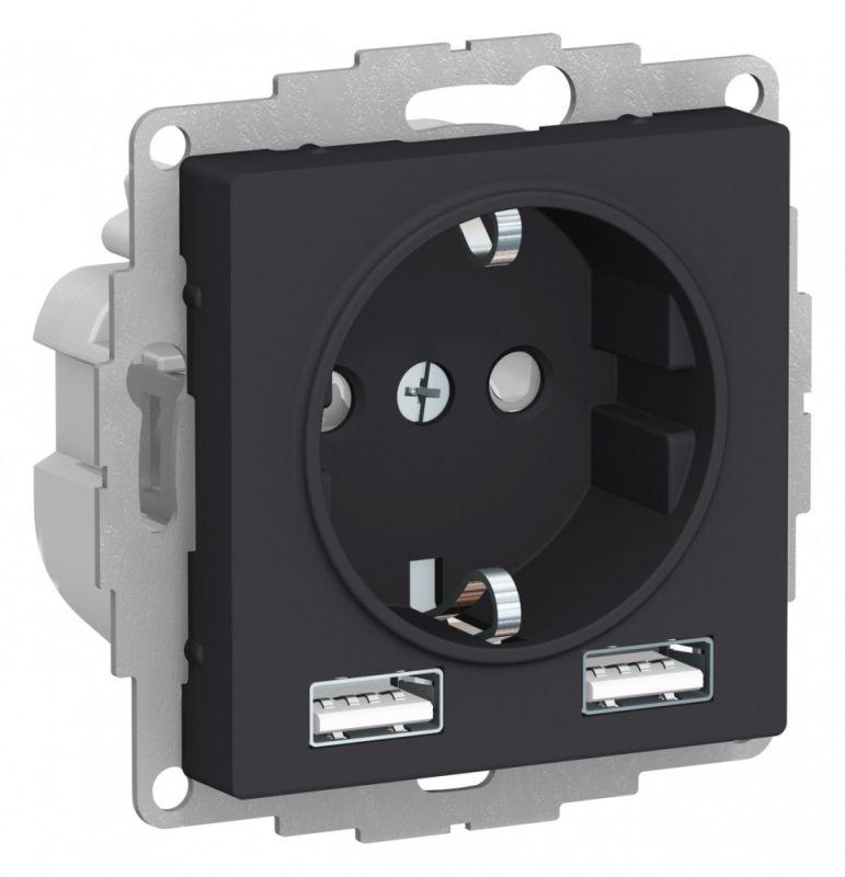 розетка 1-м сп atlasdesign 16а ip20 с 2-мя заряд. устройствами usb тип a+a 5в/2.4а 2х5в/1.2а механизм карбон se atn001030 от BTSprom.by