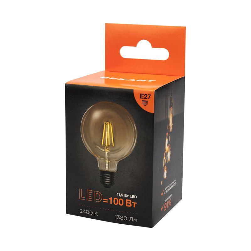 Лампа филаментная Груша A125 11.5Вт 1380лм 2400К E27 золот. колба Rexant 604-144 фото в каталоге от BTSprom.by