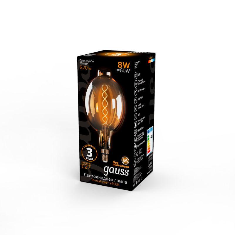 Лампа светодиодная филаментная Black Filament 8Вт BT180 золотая 2400К тепл. бел. E27 620лм GAUSS 152802008 фото в каталоге от BTSprom.by