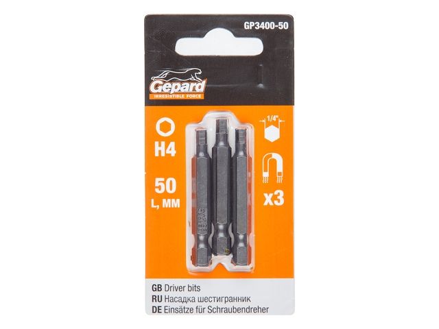 насадка шестигранник 4мм 1/4" 50мм  3шт gepard (gp3400-50) (h4 hex shank hexagon бита под конфирмат сталь s2 магнитная) gp3400-50 от BTSprom.by