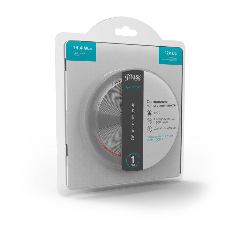  Лента светодиодная Basic 2835/240-SMD 14.4Вт/м 4000К нейтр. бел. IP20 1600лм/м 12В 10мм драйвер (уп.5м) GAUSS BT087 фото в каталоге от BTSprom.by