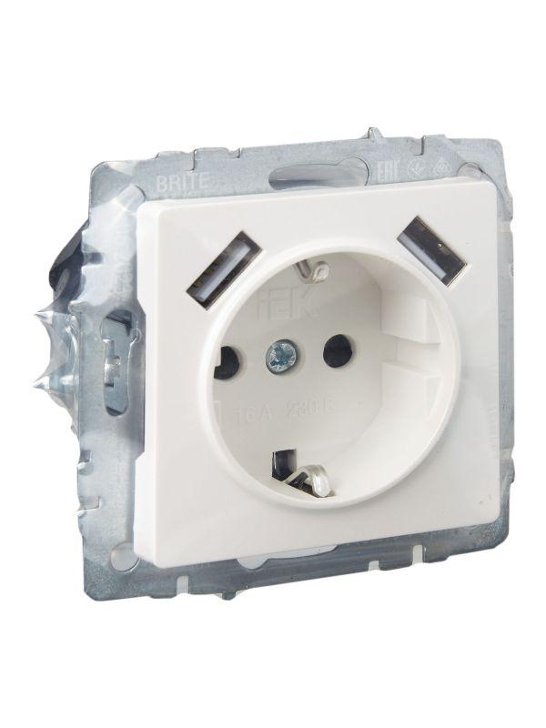 Розетка BRITE РЮш10-1-БрЖ 16А с USB A+A 2.1А с заземл. защ. шторки механизм жемчуж. IEK BR-R14-16-U21-D21-K36 фото в каталоге от BTSprom.by