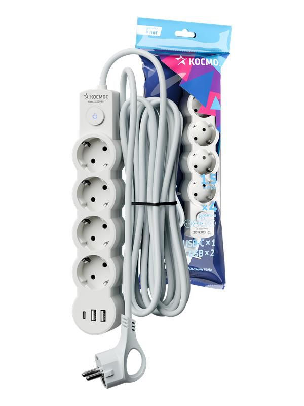 удлинитель 3х1.5м с заземл. 10а ip20 usb 2500вт 220в пвс 3х1 с выкл. бел. космос yksm1.5m4g-z-vu10а-w от BTSprom.by