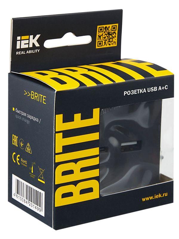  Розетка BRITE USB A+C 18Вт РЮ11-1-БрГ механизм графит IEK BR-U22-018-K53 фото в каталоге от BTSprom.by