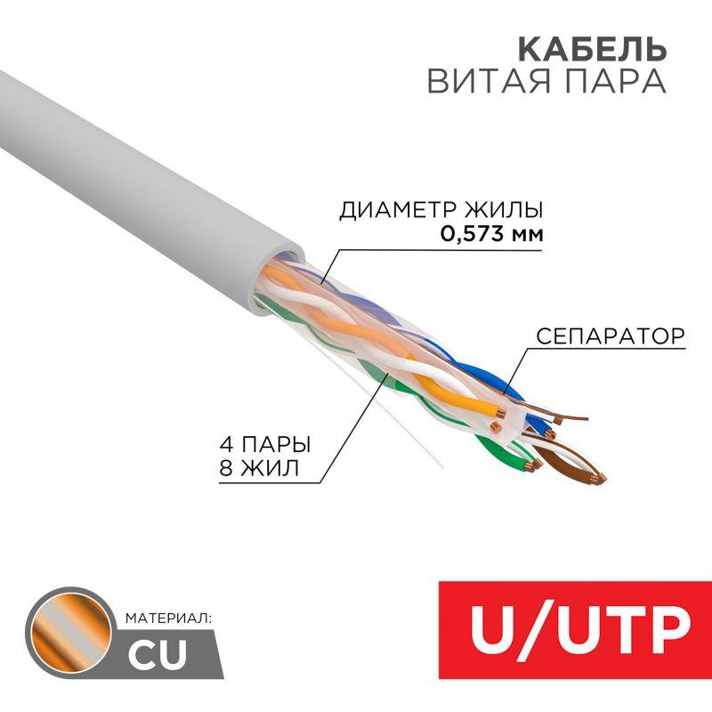 кабель витая пара u/utp кат.6 4х2х24awg solid cu zh нг(а)-hf сер. (уп.305м) rexant 01-0067 от BTSprom.by