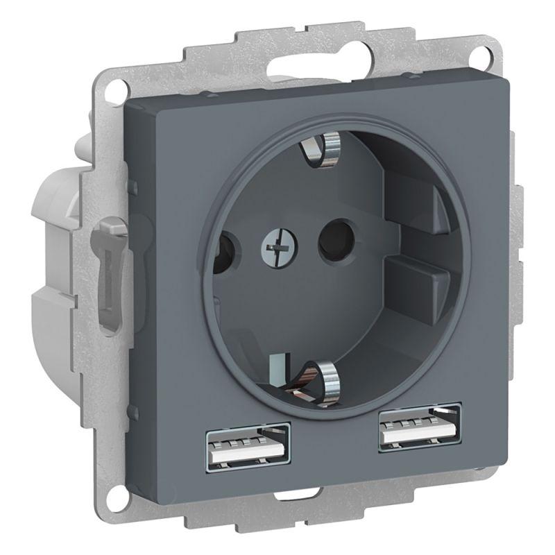 розетка 1-м сп atlasdesign 16а ip20 с 2-мя заряд. устройствами usb тип a+a 5в/2.4а 2х5в/1.2а механизм грифель se atn000730 от BTSprom.by