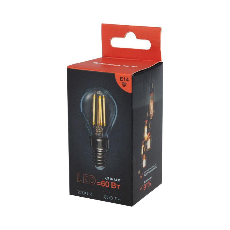 Лампа филаментная Шарик GL45 7.5Вт 600лм 2700К E14 прозр. колба Rexant 604-121 фото в каталоге от BTSprom.by