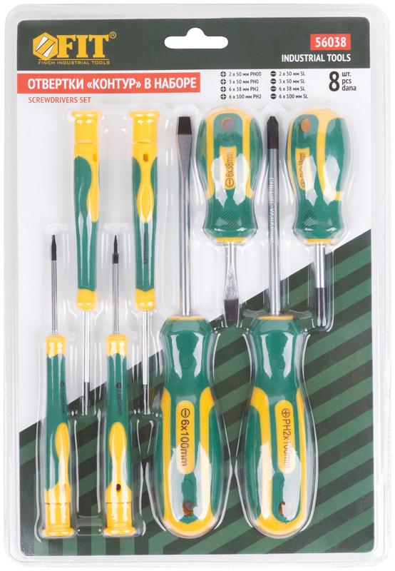  Набор отверток "Контур" CrV сталь прорезиненные ручки 4шт+Набор отверток для точных работ 4шт блистер набор 8шт FIT 56038 фото в каталоге от BTSprom.by