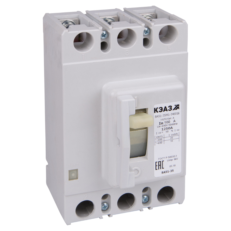  Выключатель автоматический 3п 125А 1000Im 20кА ВА51-35М2-341816 УХЛ3 690В AC НР=220..240В AC/DC КЭАЗ 259894 фото в каталоге от BTSprom.by