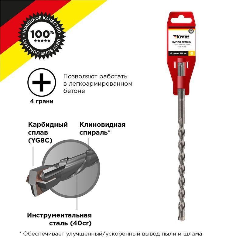 бур по бетону 10х210мм крестовая пластина sds plus kranz kr-91-0810 от BTSprom.by