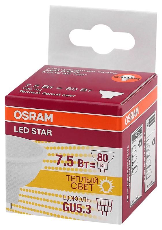 лампа светодиодная led star mr16 7.5w/830 (замена 75вт) 7.5вт пласт. 3000к тепл. бел. gu5.3 700лм 110 град. 220-240в osram 4058075229068 от BTSprom.by