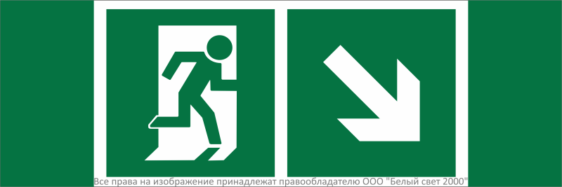знак безопасности npu-3311.e36 "направление к эвакуационному выходу направо вниз" белый свет a32686 от BTSprom.by