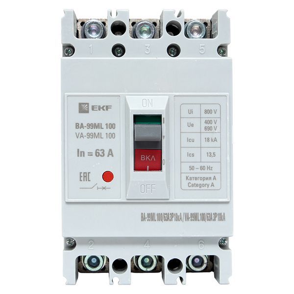  Выключатель автоматический 3п 100/63А 18кА ВА-99МL Basic EKF mccb99-100-63mi фото в каталоге от BTSprom.by