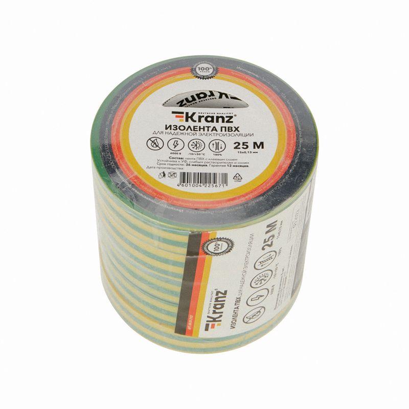  Изолента ПВХ 0.13х15мм 25м желт./зел. (уп.5шт) Kranz KR-09-2107 фото в каталоге от BTSprom.by