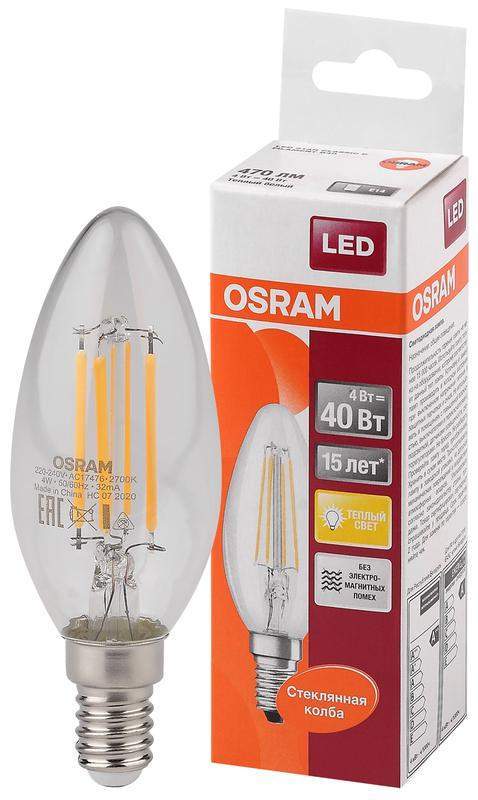Лампа светодиодная филаментная LED STAR CLASSIC B 40 4W/827 4Вт свеча 2700К тепл. бел. E14 470лм 220-240В прозр. стекло OSRAM 4058075068353 фото в каталоге от BTSprom.by