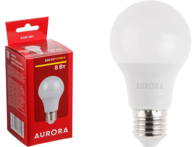 лампа светодиодная a60 стандарт 8вт 230в e27 2700k aurora a200-001 от BTSprom.by