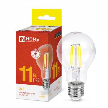 лампа светодиодная led-a60-deco 11вт грушевидная прозрачная 3000к тепл. бел. e27 1160лм 230в in home 4690612026121 от BTSprom.by