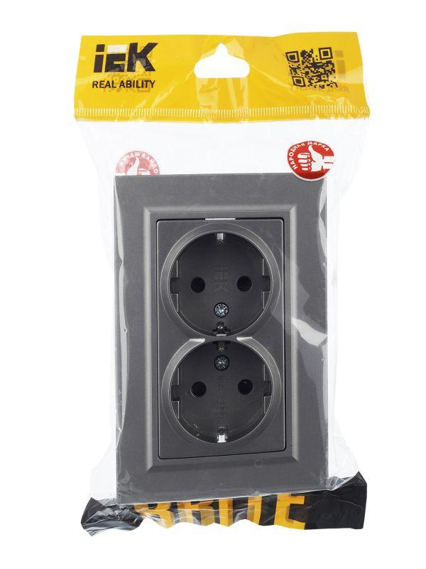  Розетка 2-м СП BRITE РСш12-3-БрС 16А в сборе с заземл. защ. шторки сталь IEK BR-R24-16-K46-F фото в каталоге от BTSprom.by