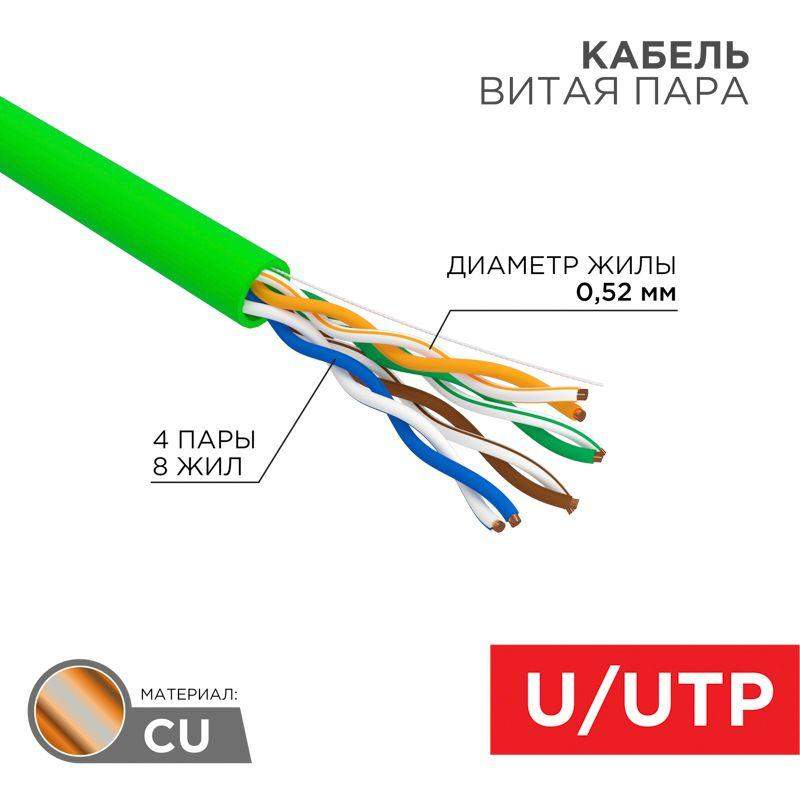 кабель витая пара u/utp кат.5e 4х2х0.52 24 awg нг(а)-hfltx indoor solid зел. (уп.305м) rexant 01-0062 от BTSprom.by