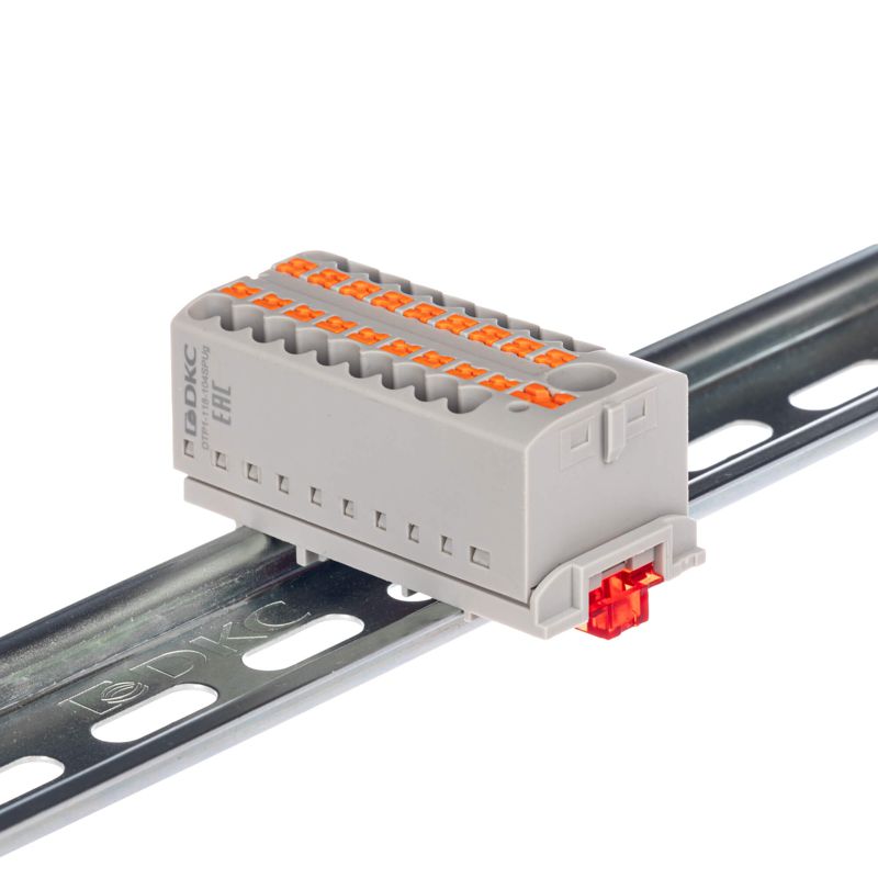 блок распределительный с вертикал. адаптером на рейки шир. 15/35мм зажим push-in 1 ввод 6кв.мм 18 точек подключения 2.5кв.мм сер. dkc dtp1-118-104spug-v от BTSprom.by