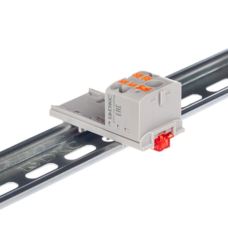 блок распределительный с вертикал. адаптером на рейки шир. 15/35мм зажим push-in 1 ввод 6кв.мм 4 точки подключения 2.5кв.мм сер. dkc dtp1-104-104spug-v от BTSprom.by