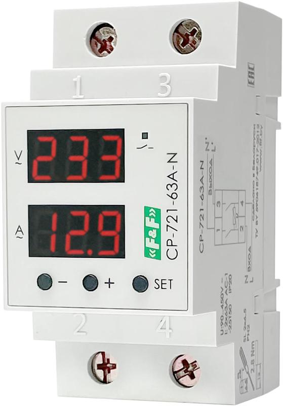 реле напряжения с контролем тока и мощности cp-721-63a-n 1ф контакт 2no 2х63а с разрывом нейтрали в соответствии с пуэ 7.1.21 и предназнач. для защ. сети бытовой техники от повыш. или пониж. напр-я в сети f&f ea04.009.028 от BTSprom.by
