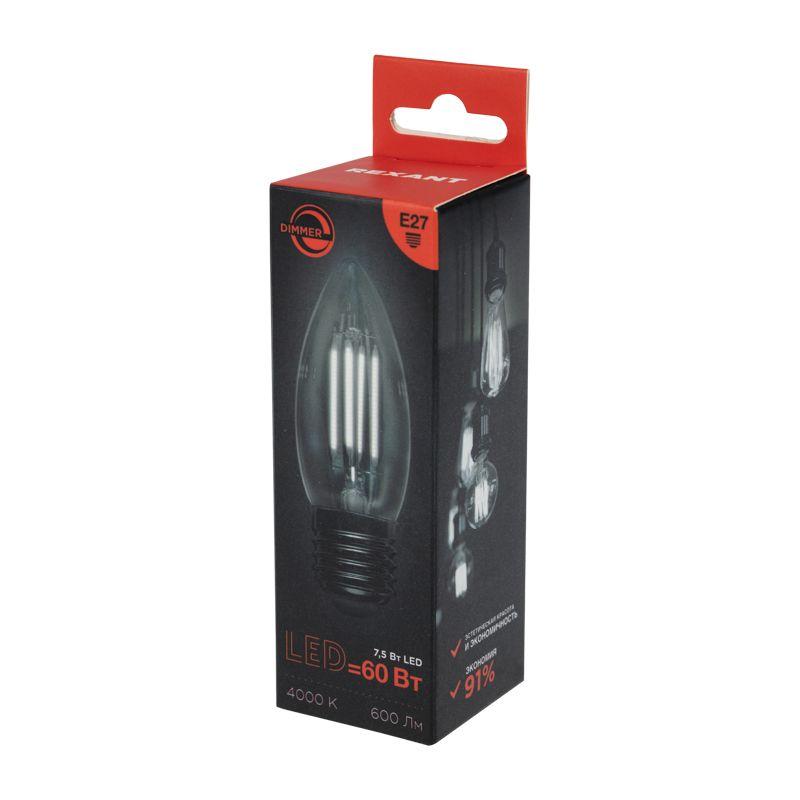 Лампа светодиодная филаментная 7.5Вт CN35 свеча прозрачная 4000К нейтр. бел. E27 600лм диммир. Rexant 604-090 фото в каталоге от BTSprom.by