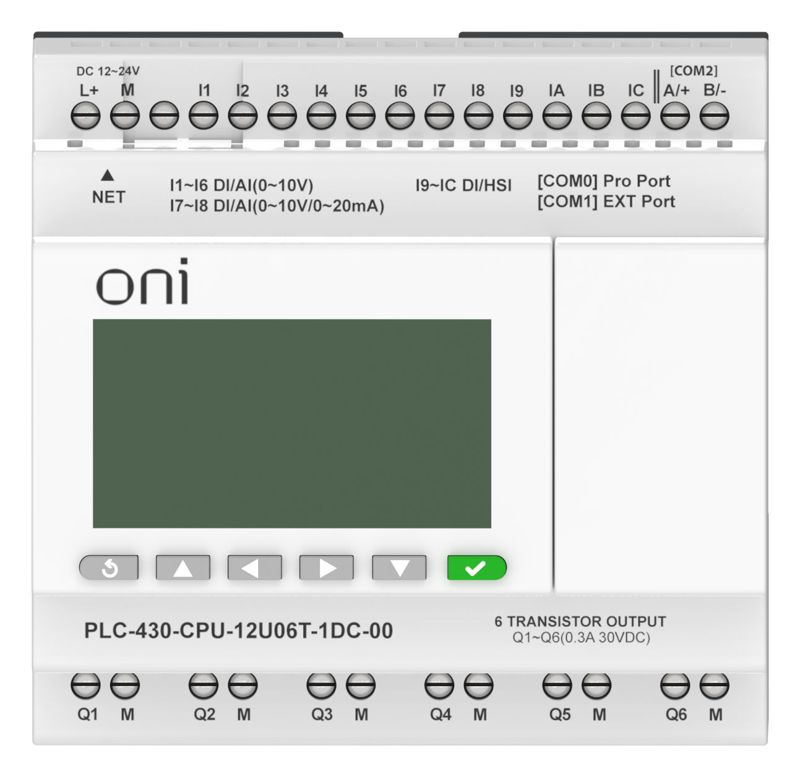  Модуль ЦПУ ПЛК 430 4 DI 6 UI (0-10В/DI) 2 UI (0-10В/0-20мА/DI) 6 TO 24В DC с Ethernet портом с экраном ONI PLC-430-CPU-12U06T-1DC-00 фото в каталоге от BTSprom.by