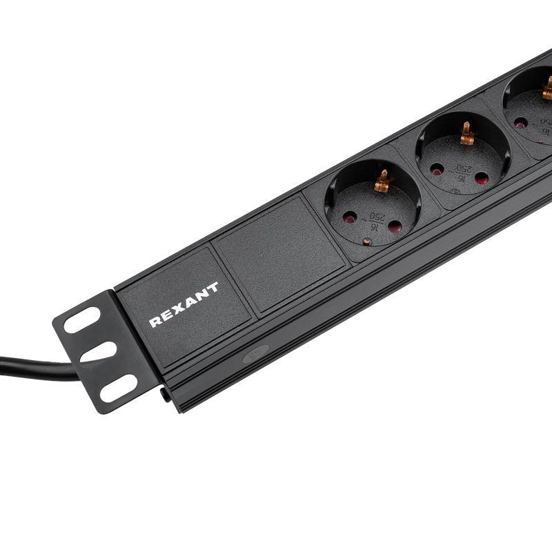  Блок распределения питания PDU 9 розеток СЕЕ 7/4 Schuko 10А без выкл. вилка C14 горизонт. шнур 2м корпус алюм. Rexant 04-0305-1 фото в каталоге от BTSprom.by