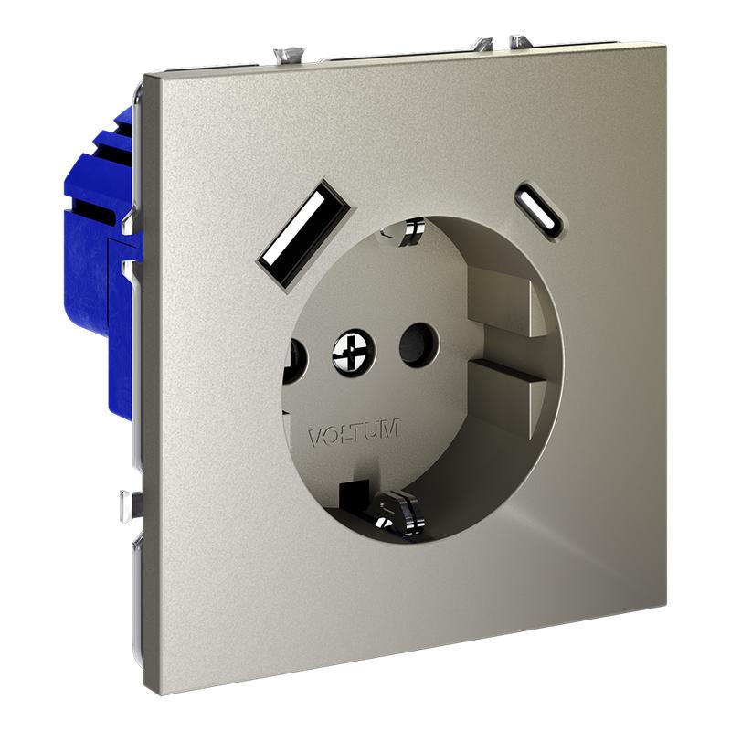  Розетка 1-м СП S70 16А с USB A+С с заземл. защ. шторки механизм шелк Voltum VLS040504 фото в каталоге от BTSprom.by