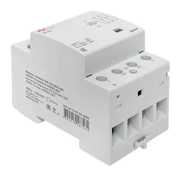  Контактор модульный КМ 63А 2NO+2NC 230В AC (3 мод.) AVERES EKF km-av-3-63-22-230V фото в каталоге от BTSprom.by