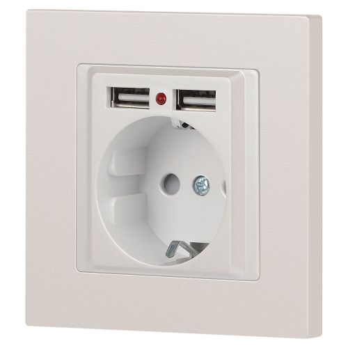  Розетка 1-м СП Accent 6-410-06 16А IP20 250В P+E Schuko + 2хUSB защ. шторки перламутр. Intro Б0063700 фото в каталоге от BTSprom.by