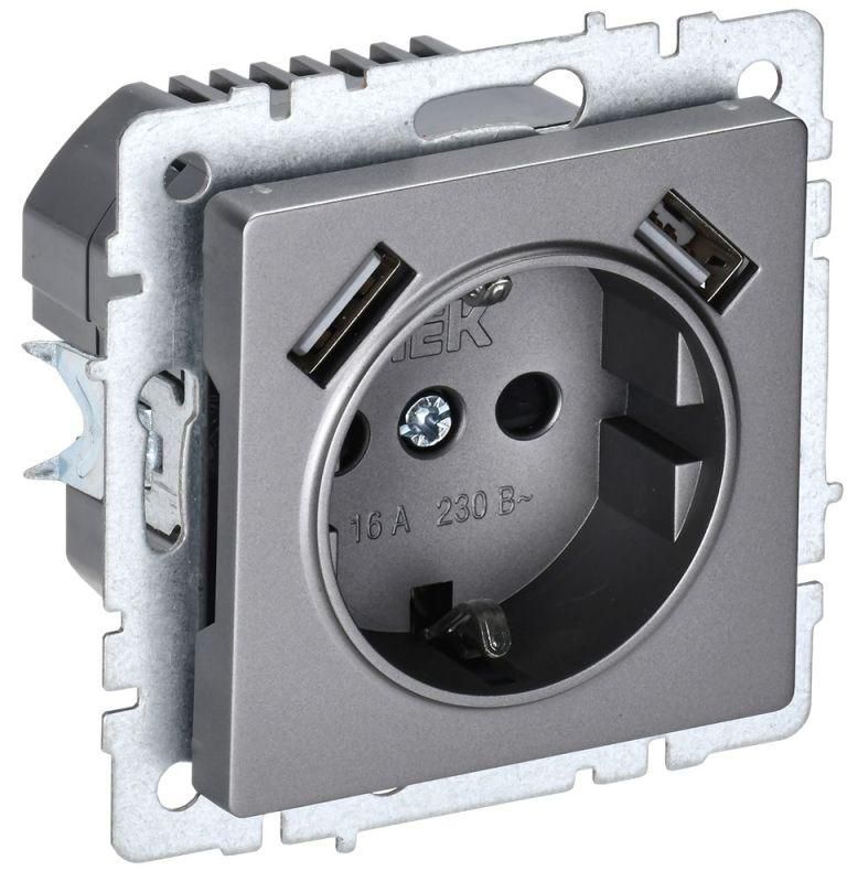 розетка brite рюш10-1-брс 16а с usb a+a 2.1а с заземл. защ. шторки механизм сталь iek br-r14-16-u21-d21-k46 от BTSprom.by