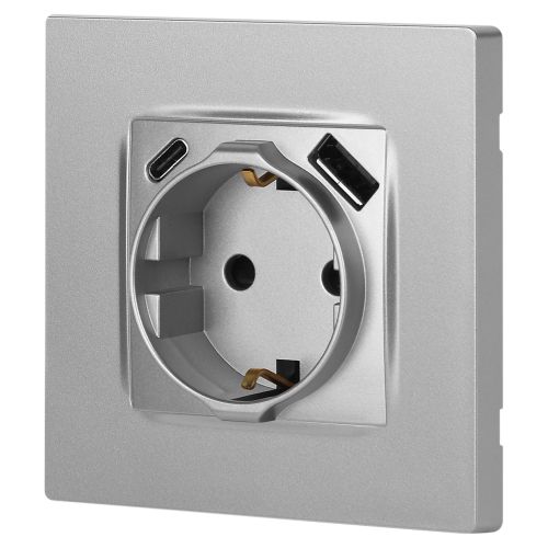  Розетка Эра12 12-4108-03 16А 250В 2P+E с USB type-A+C 5В-3А защ. шторки алюм. Эра Б0067716 фото в каталоге от BTSprom.by