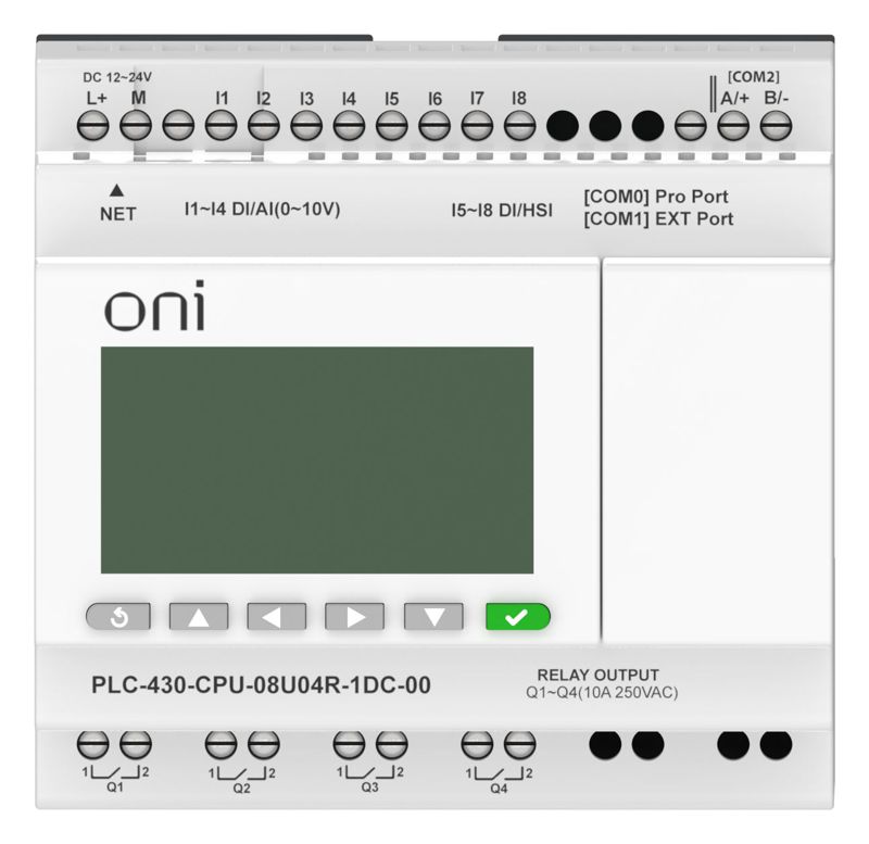  Модуль ЦПУ ПЛК 430 4 DI 4 UI (0-10В/DI) 4 RO 24В DC с Ethernet портом с экраном ONI PLC-430-CPU-08U04R-1DC-00 фото в каталоге от BTSprom.by