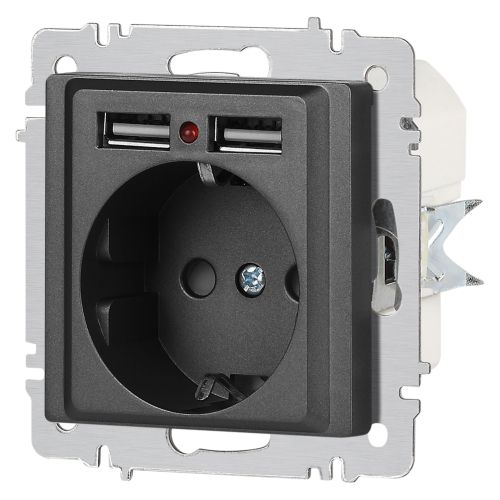  Розетка 1-м СП Accent 6-410-07 16А IP20 250В P+E Schuko + 2хUSB защ. шторки графит Intro Б0063702 фото в каталоге от BTSprom.by