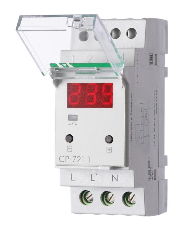 реле напряжения 1ф cp-721-1 (cp-721-63a) ухл2 диап. рабочих температур -40...+55град.c цифровая индикация; 50-450в контакт 1no 63а встроен. таймер регистрация аварий в памяти индикация текущего напряж. f&f ea04.009.018 от BTSprom.by