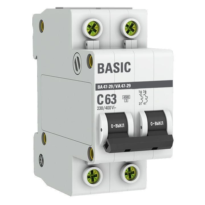 выключатель автоматический модульный 2п c 63а 4.5ка ва 47-29 basic ekf mcb4729-2-63c от BTSprom.by