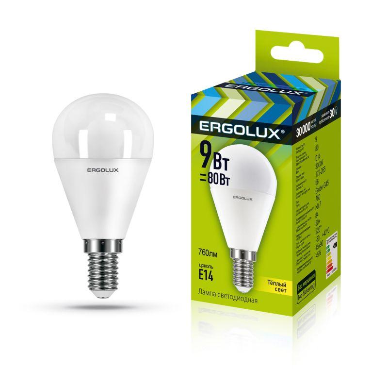 лампа светодиодная led-g45-9w-e14-3к шар 9вт e14 3000к 172-265в ergolux 13173 от BTSprom.by