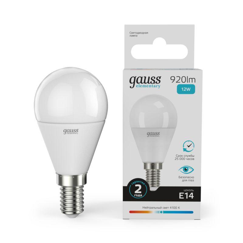 лампа светодиодная elementary 12вт p45 шар 4100к нейтр. бел. e14 920лм gauss 53122 от BTSprom.by