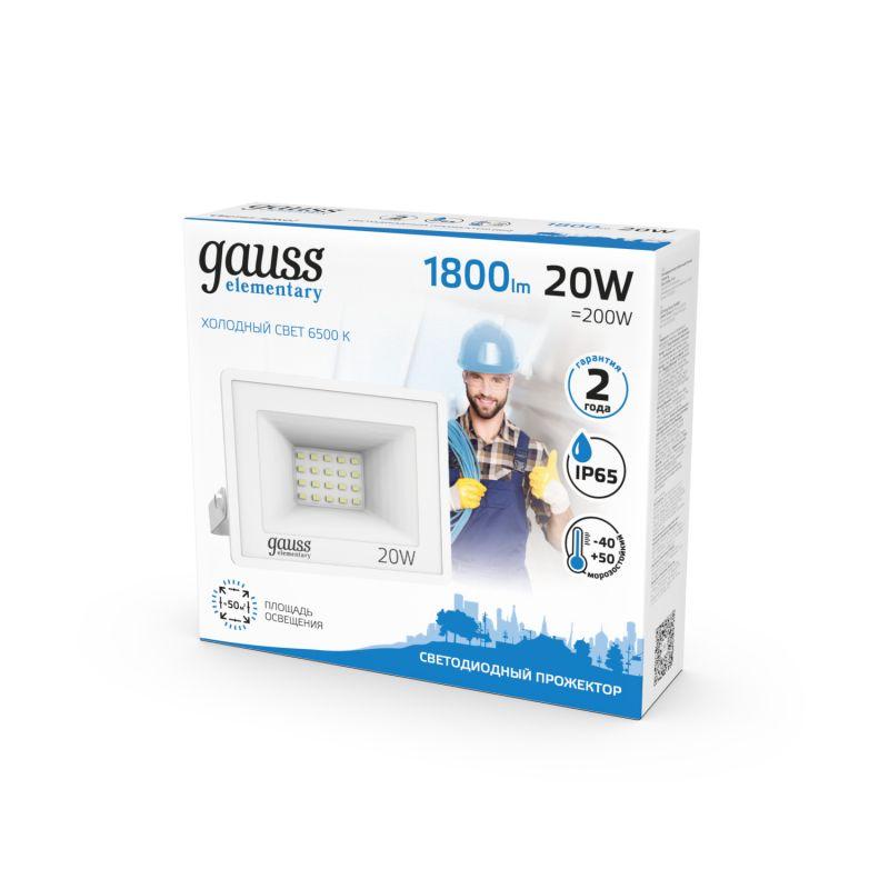  Прожектор светодиодный Elementary 20Вт 6500К IP65 1800лм 200-240В ДО бел. GAUSS 613120320 фото в каталоге от BTSprom.by