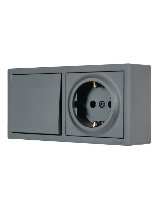 блок оп leto (1-кл. выключатель + 1-м розетка с заземл.) горизонт. графит lezard 752-3400-170bap от BTSprom.by