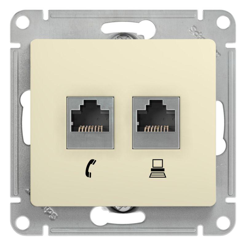 розетка компьютерная + телефонная 2-м сп glossa rj45 + rj11 кат.5e механизм беж. se gsl000285 от BTSprom.by