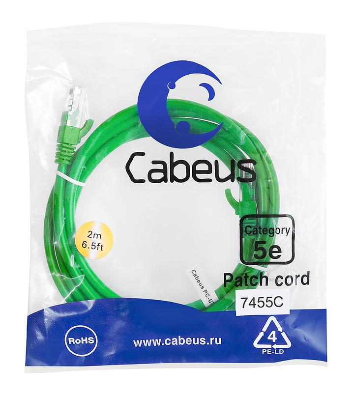 патч-корд u/utp кат.5e pc-utp-rj45-cat.5e-2m-gn 2xrj45/8p8c неэкранир. pvc 2м зел. cabeus 7455c от BTSprom.by