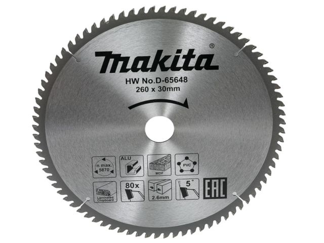 диск пильный универсальный standart 260x30x2.6x80t makita d-65648 от BTSprom.by