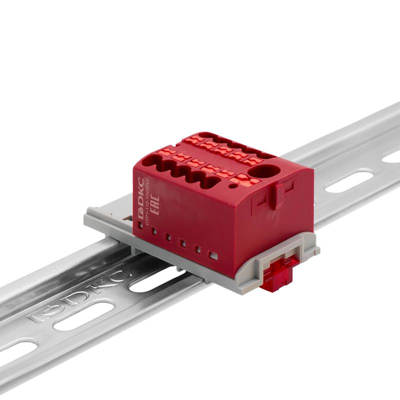 блок распределительный с вертикал. адаптером на рейки шир. 15/35мм зажим push-in 1 ввод 6кв.мм 10 точек подключения 2.5кв.мм красн. dkc dtp1-110-104spur-v от BTSprom.by