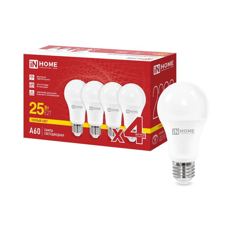 лампа светодиодная led-a60-vc 4pack 25вт грушевидная 3000к e27 2380лм 230в (уп.4шт) in home 4690612063065 от BTSprom.by